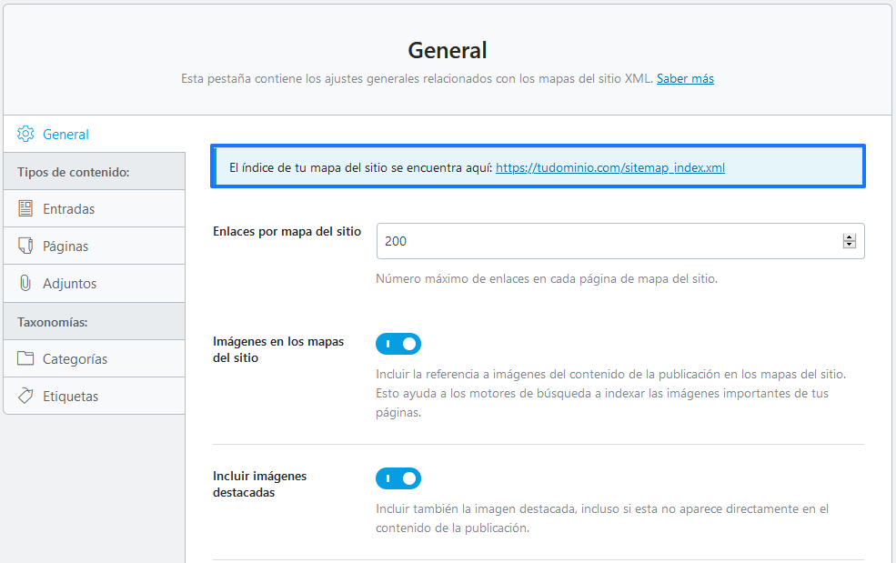 Ajustes generales del sitemap de Rank Math