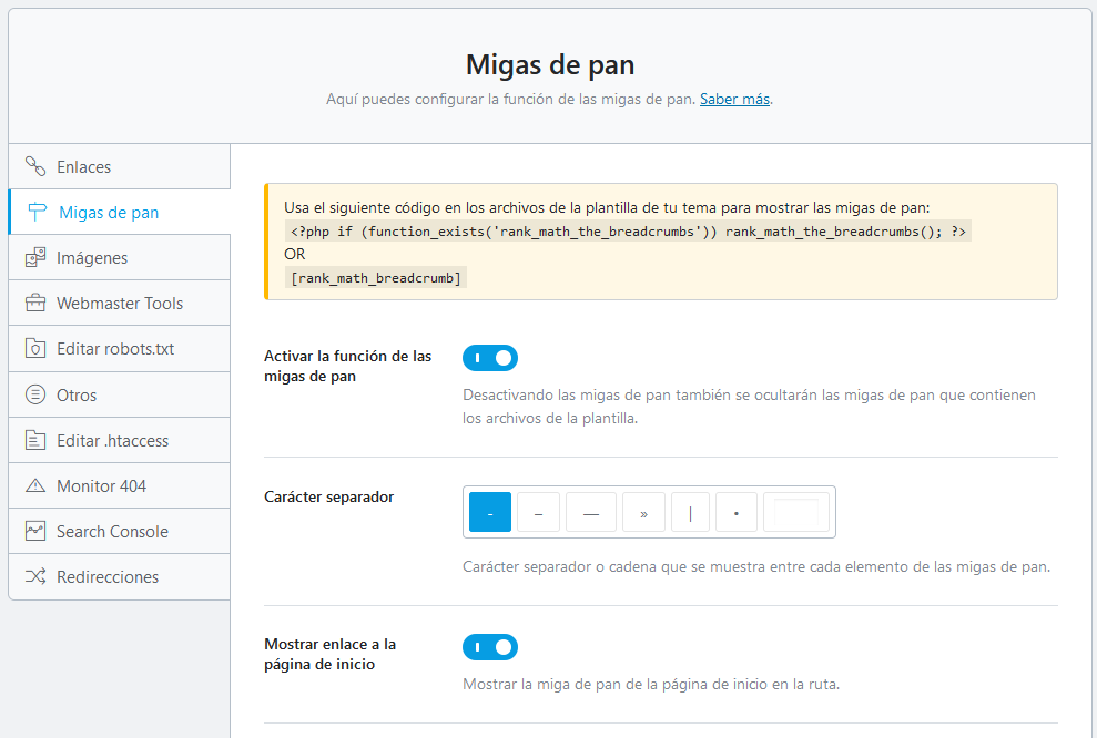 Ajustes de las migas de pan de Rank Math