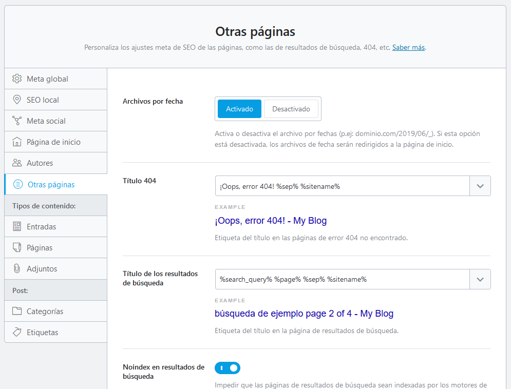 Ajustes de otras páginas de WordPress en Rank Math