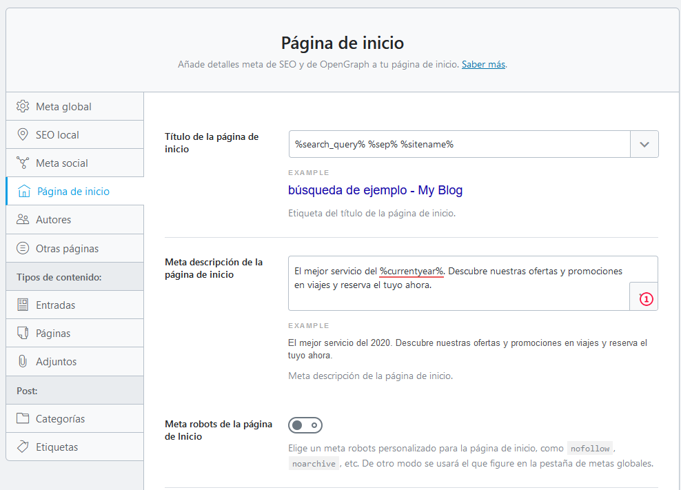 Ajustes de la página de inicio o home page de WordPress con ank Math