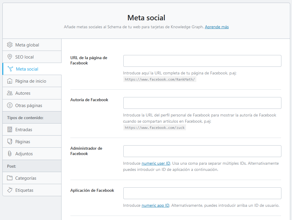 Ajustes de perfiles de redes sociales en Rank Math SEO