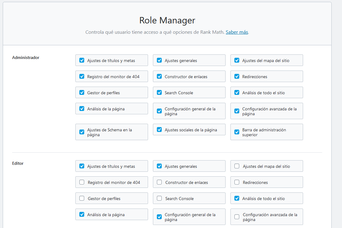 Ajustes de los roles de WordPress con Rank Math