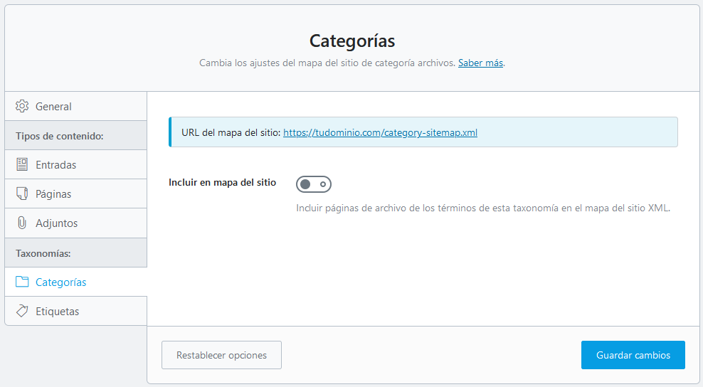 Ajustes del sitemap de Rank Math en las taxonomías de WordPress