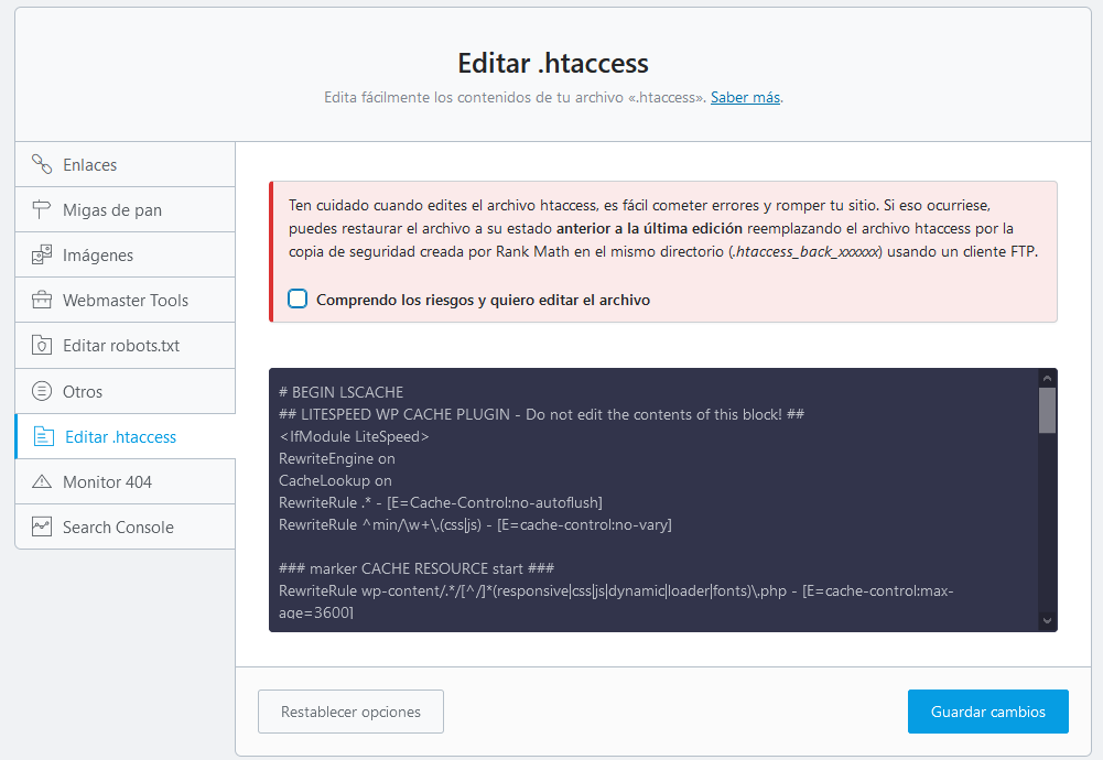 Editar el archivo .htacces de WordPress a través de Rank Math