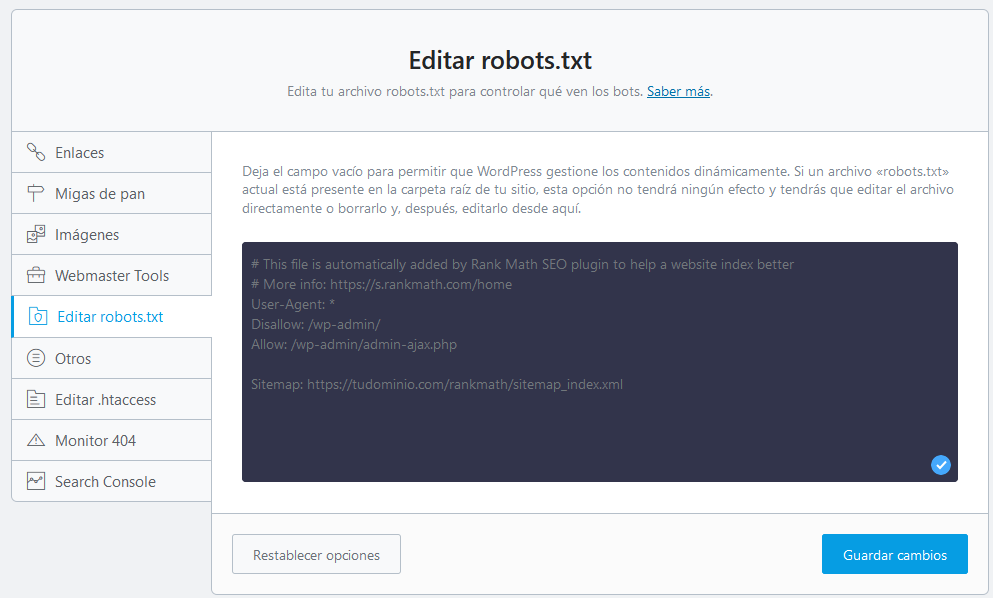 Editar el archivo robots.txt de WordPress a través de Rank Math