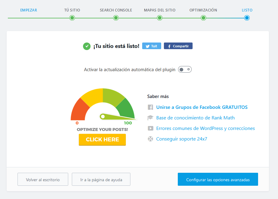 Configuración básica de Rank Math para WordPress finalizada