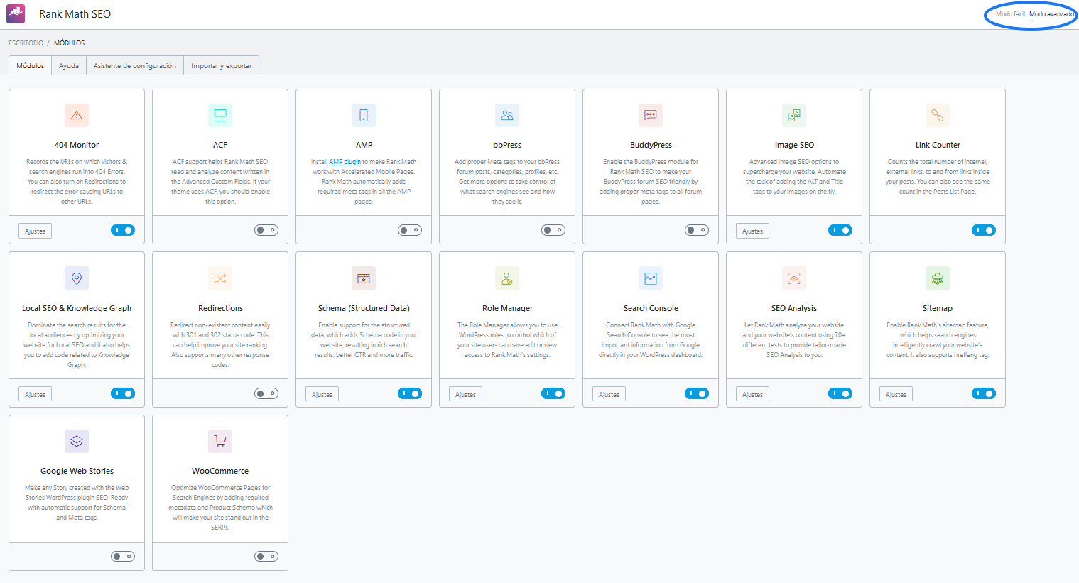 Escritorio de Rank Math en WordPress