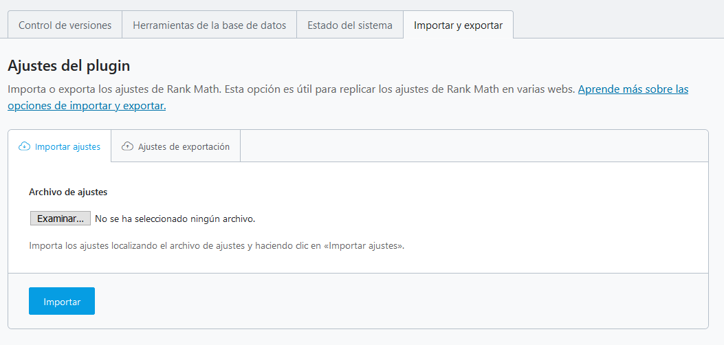 Sección de importar y exportar los ajustes de Rank Math