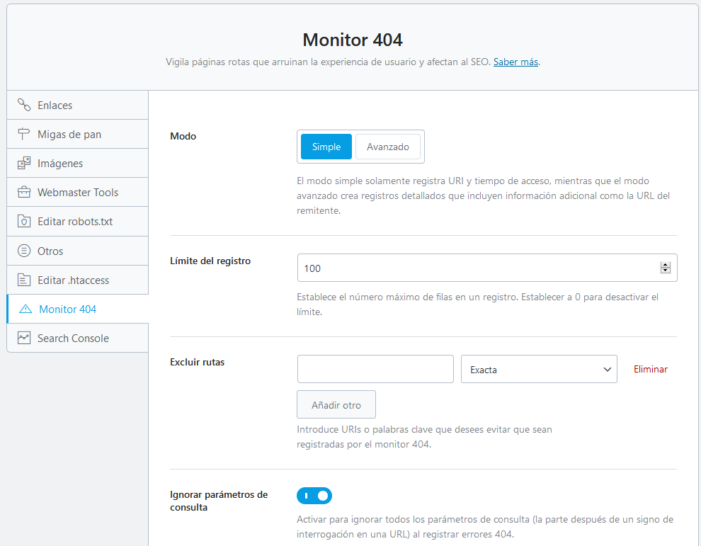 Monitor de errores 404 de Rank Math