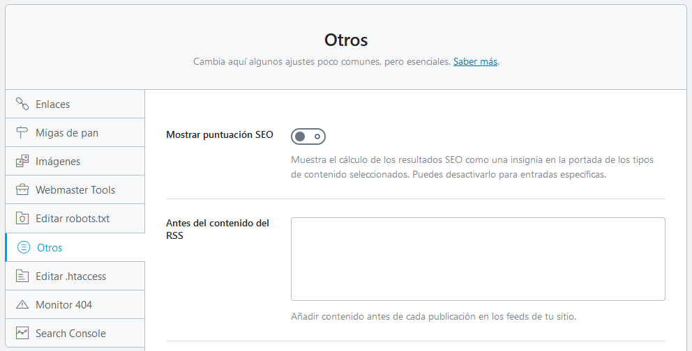 Otros ajustes de Rank Math para SEO