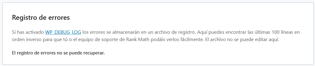 Registro de errores del modo debug de WordPress con Rank Math