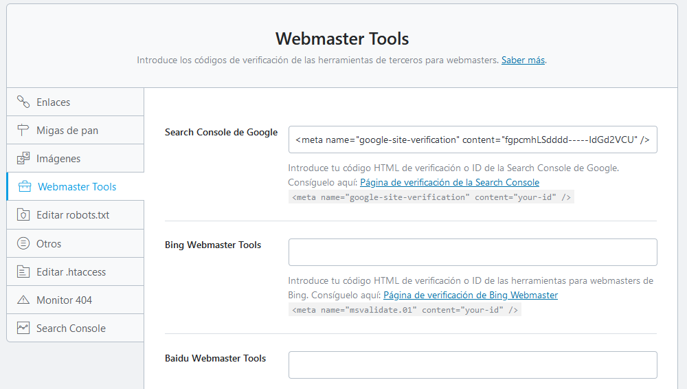 Webmaster Tools en Rank Math