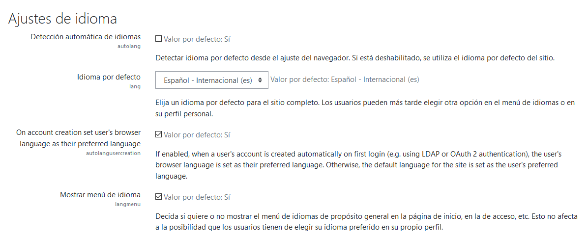 Ajustes de idioma en Moodle