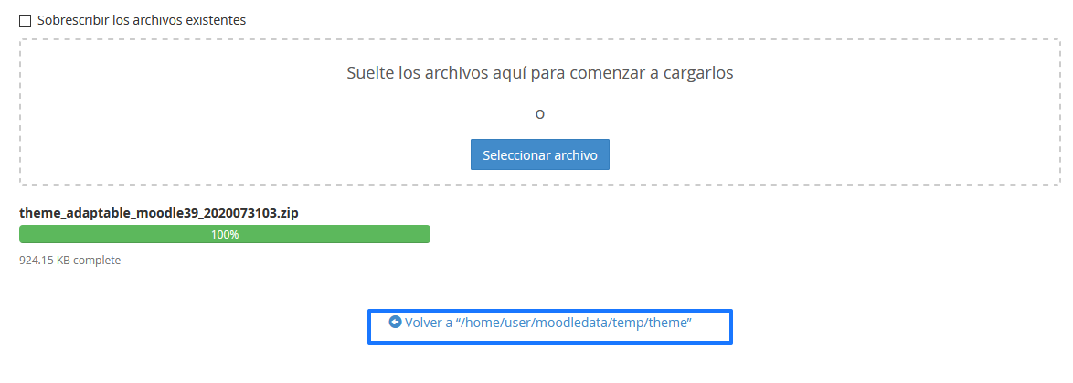 Subida finalizada de un tema de Moodle a través del administrador de archivos de cPanel