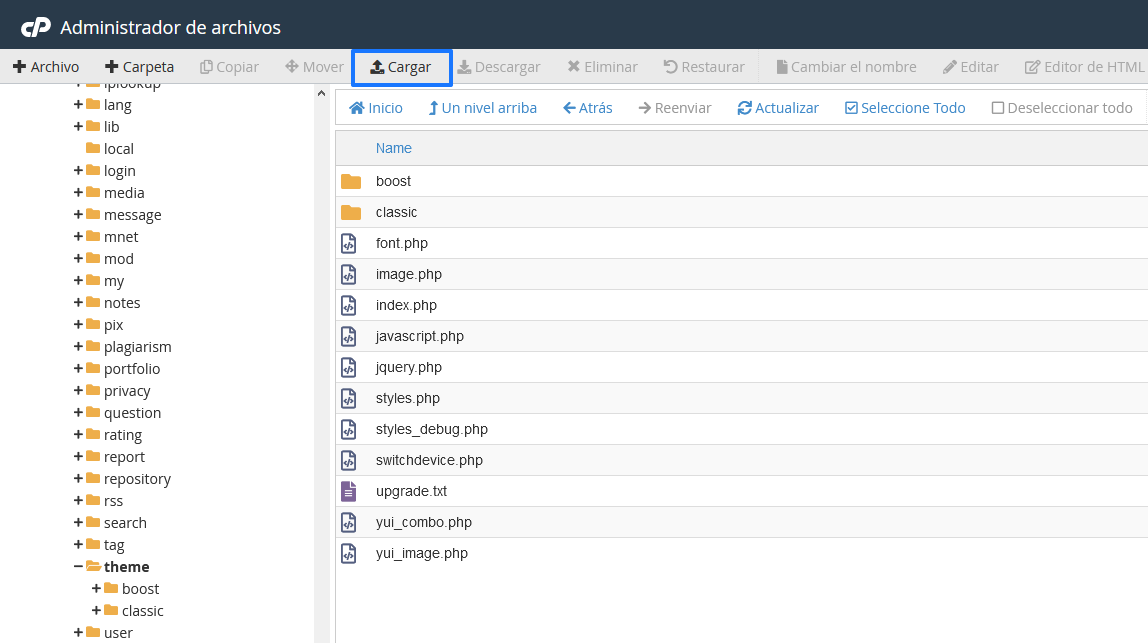 Cargar un tema de Moodle a través del administrador de archivos de cPanel