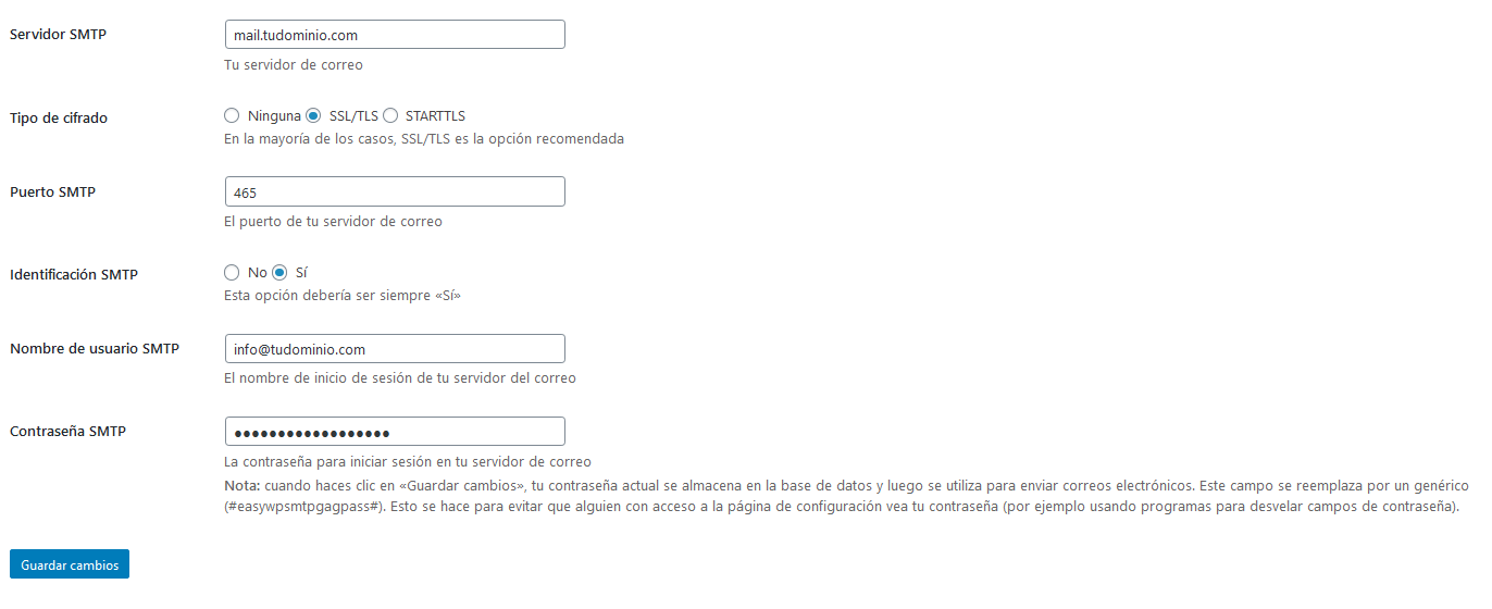Datos para configurar EasyWP SMTP en WordPress
