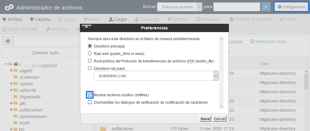 Mostrar archivos ocultos en el Administrador de Archivos de cPanel