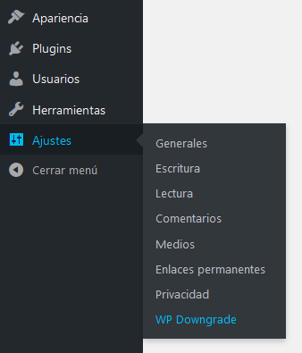 Acceder a los ajustes del plugin WP Downgrade en WordPress