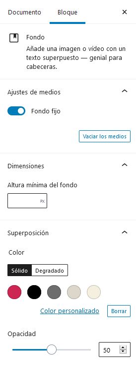 Ajustes del bloque de fondo para crear el efecto Parallax en WordPress