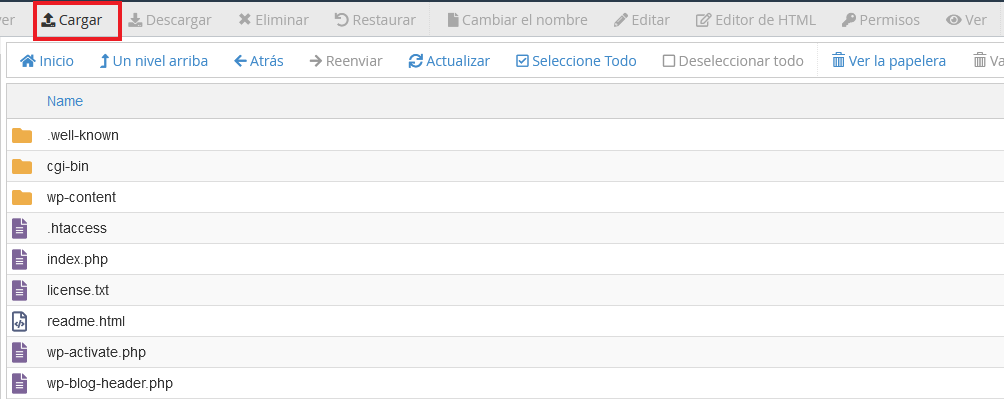 Cargar wp-admin y wp-includes a través del Administrador de Archivos de cPanel