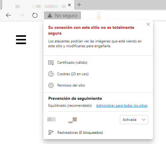 Ejemplo de una web con contenido mixto pasivo en Microsoft Edge