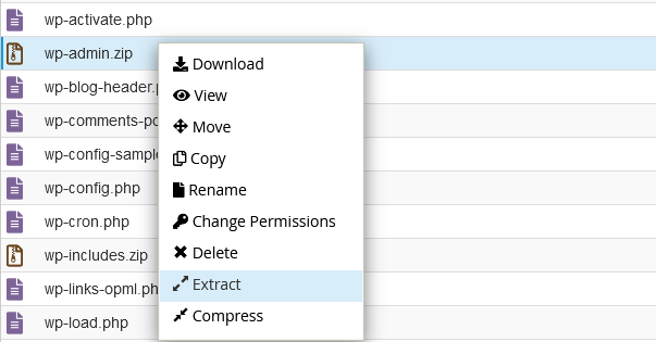 Descomprimir wp-admin y wp-includes en el Administrador de Archivos de cPanel