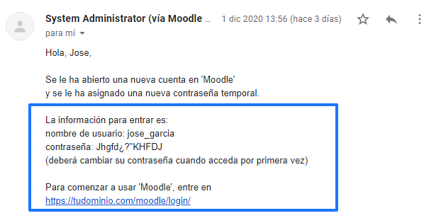 Ejemplo de correo electrónico con la dirección de acceso a Moodle