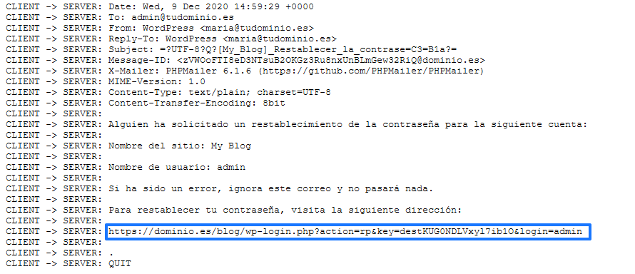 Ejemplo del registro de depuración del plugin Easy SMTP de WordPress