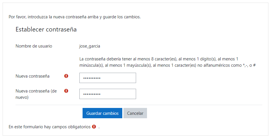 Cómo establecer los nuevos datos de acceso a Moodle