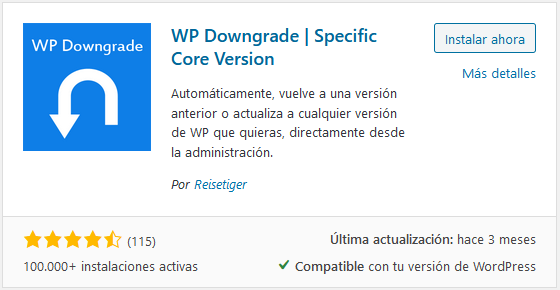 Instalar el plugin WP Downgrade en WordPress