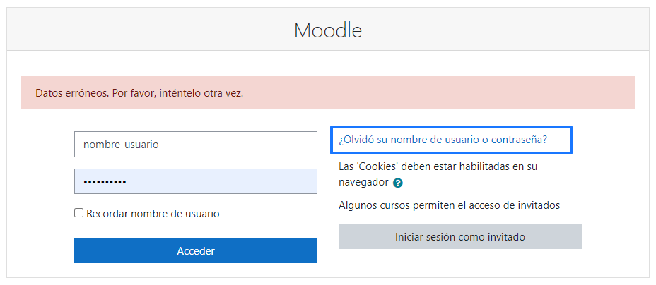 Recuperar la contraseña de Moodle o el nombre de usuario