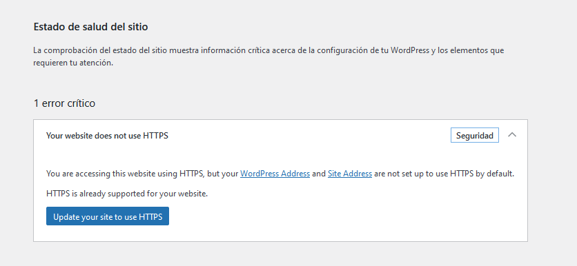 Aviso en WordPress 5.7 para cambiar de HTTP a HTTPS