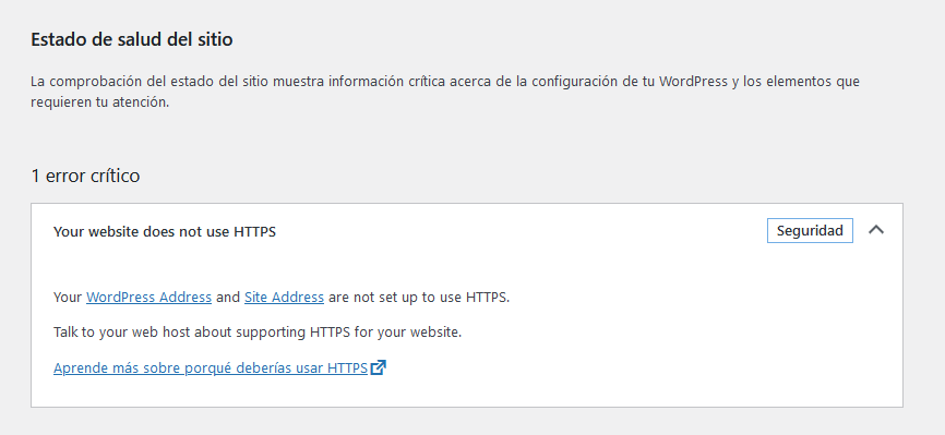 Mensaje de WordPress 5.7 si el hosting no tiene instalado un certificado de seguridad.