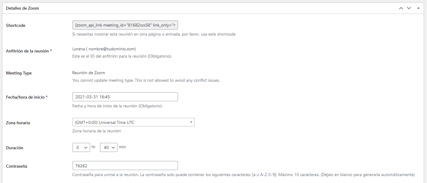Establecer los ajustes de una reunión o un webinar de Zoom en WordPress