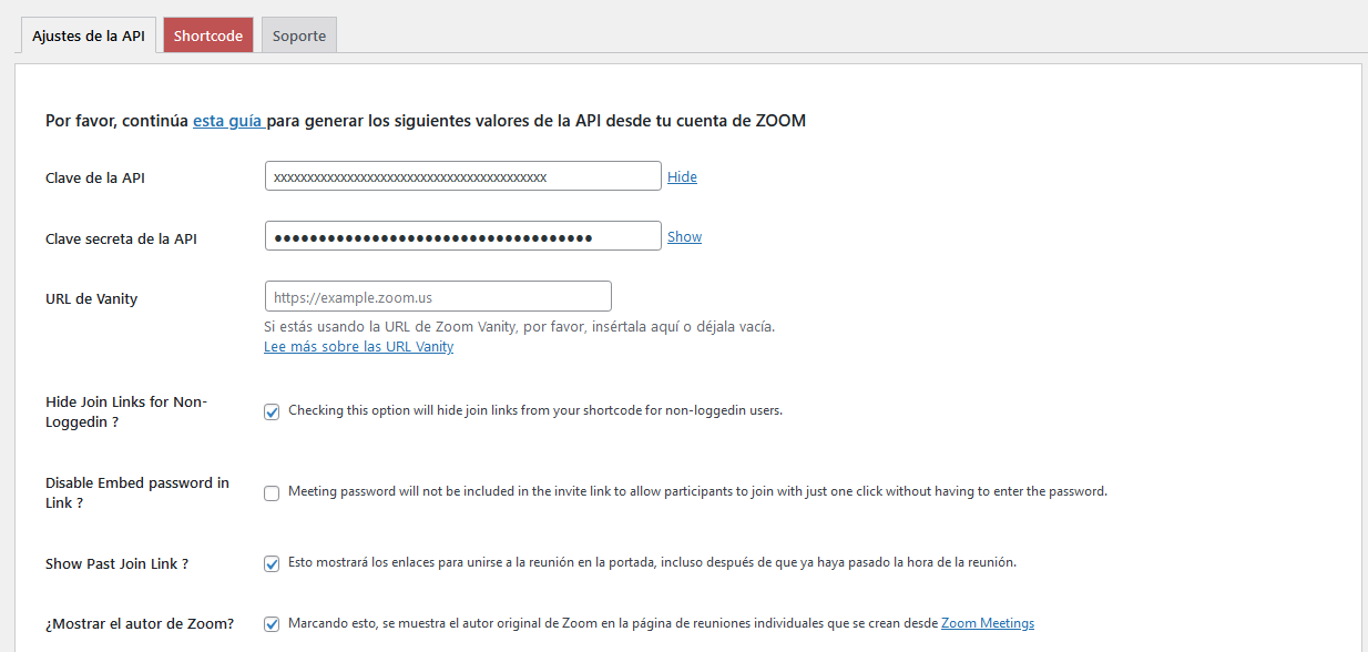 Establecer los ajustes del plugin Video Conferencing with Zoom