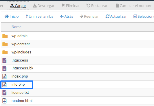 Subir archivo info.php al public_html de un WordPress