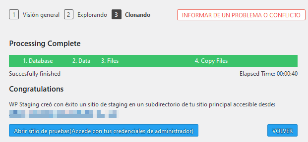 Clonación finalizada con el plugin WP Staging