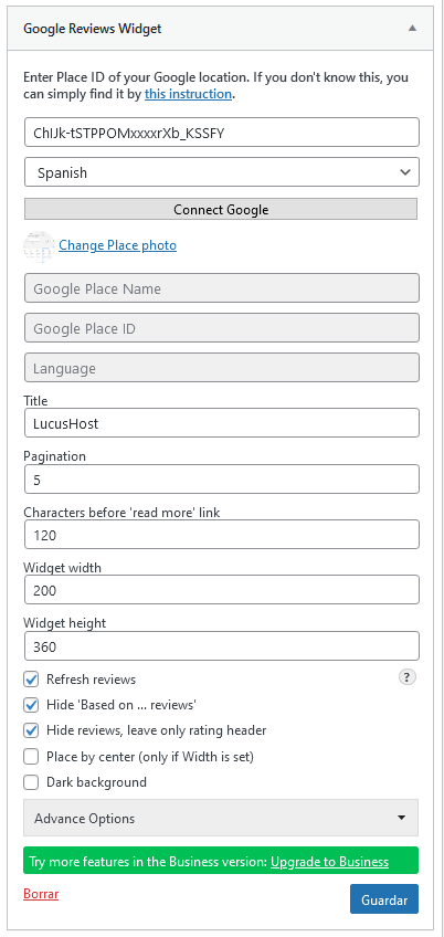 Configuración del widget para mostrar las reseñas de Google en tu web