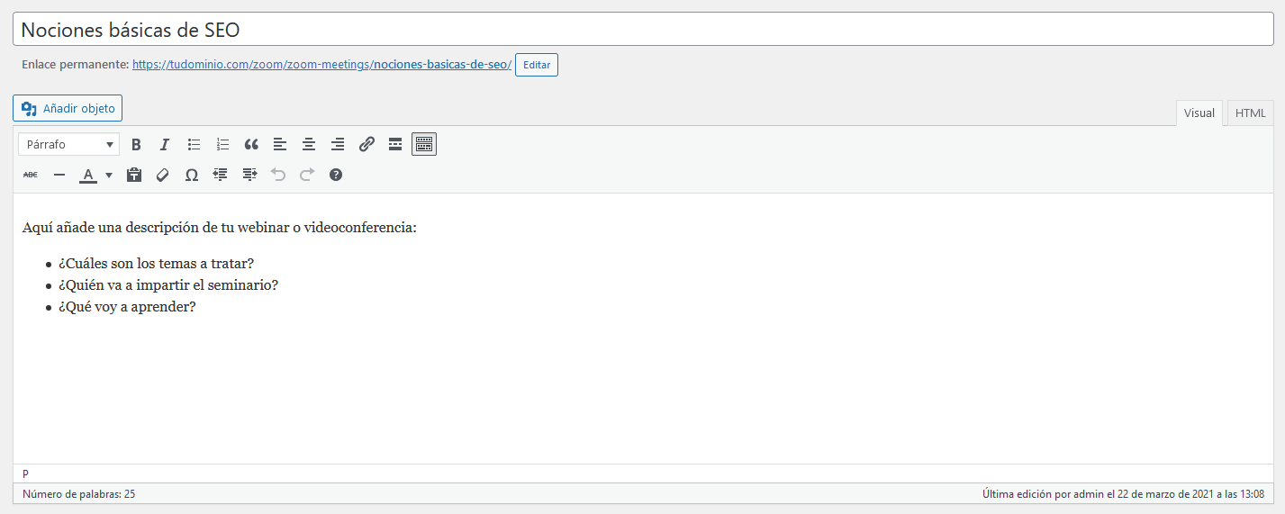 Añadir la información del webinar en WordPress