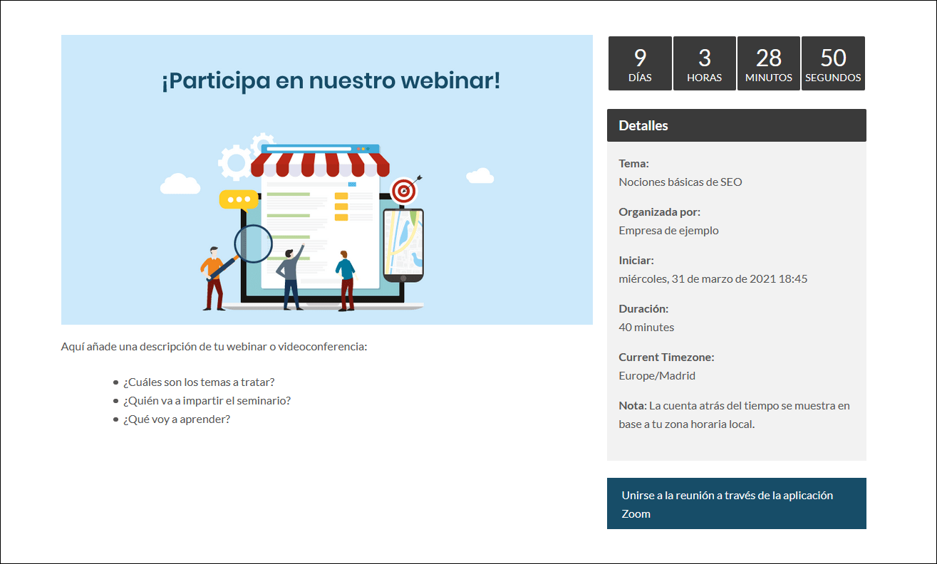 Ejemplo de un webinar de Zoom publicado en WordPress