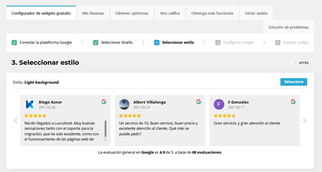 Elegir el estilo para mostrar las reseñas de Google en tu web
