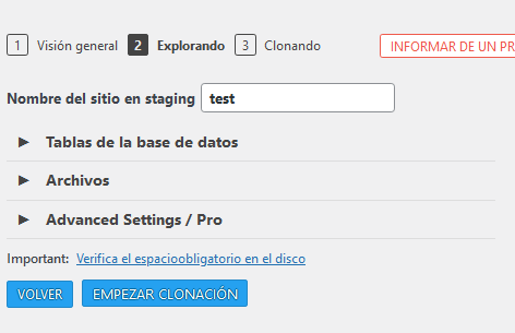 Empezar la clonación con el plugin WP Staging