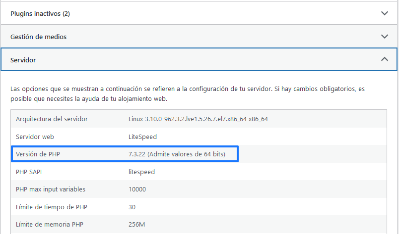 Ver la información del servidor con la herramienta Salud de sitio de WordPress