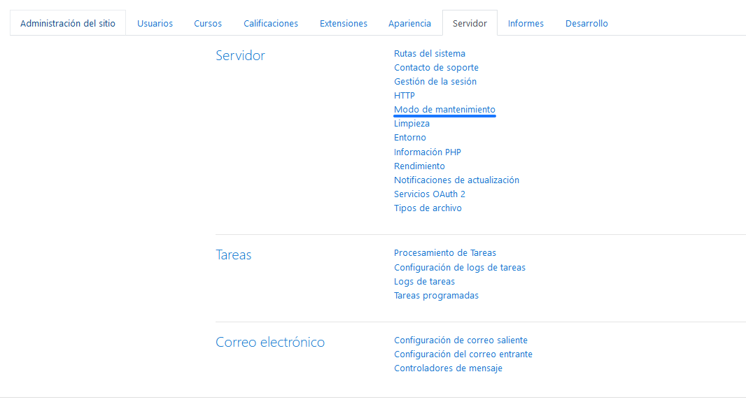 Acceder al modo mantenimiento de Moodle