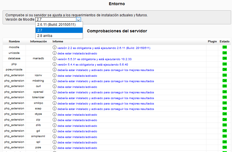 Comprobar los requerimientos del servidor para actualizar Moodle