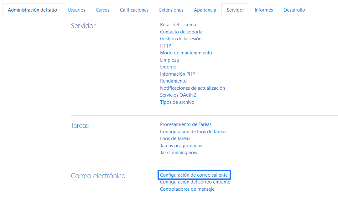 Configuración del correo saliente de Moodle