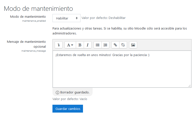 Habilitar el modo mantenieminto de Moodle