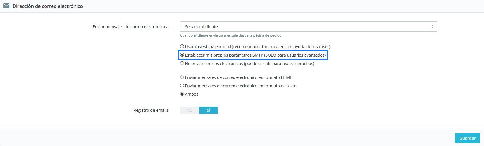 Habilitar la configuración SMTP en PrestaShop