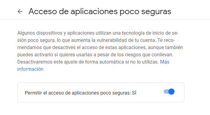 Permitir el acceso de aplicaciones poco seguras a una cuenta de Gmail