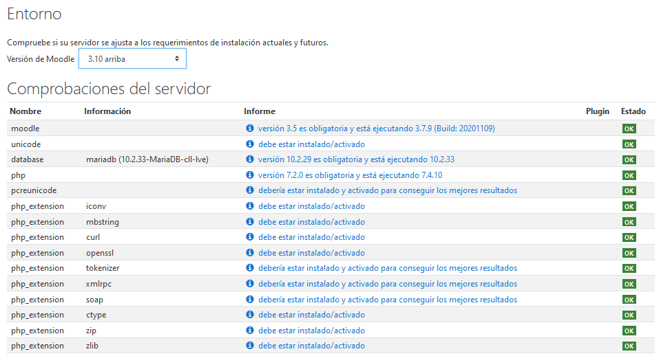 Comprobar los requerimientos del servidor para actualizar Moodle en la versión 3.10